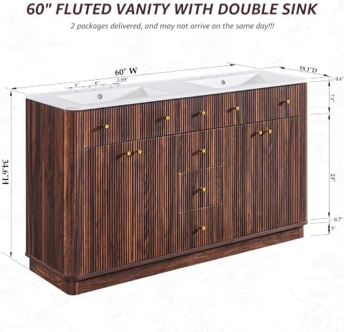 T4TREAM 60" Fluted Bathroom Vanity with Double Sink, Dark Walnut