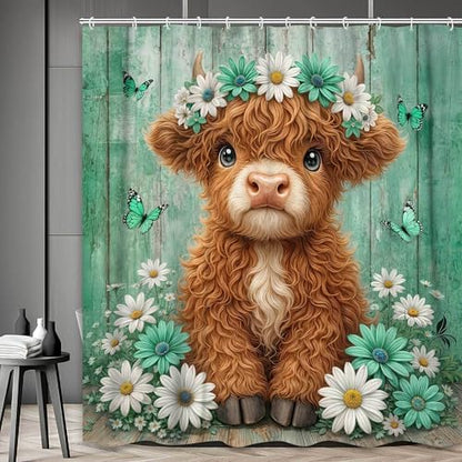 Cute Cow Shower Curtain, Farmhouse Rustic Green Floral Daisy Highland Cow Shower Curtains for Bathroom, Calf Country Farm Animal Garden Plant Fabric Bathroom Decor with Hooks, 70x72 inch