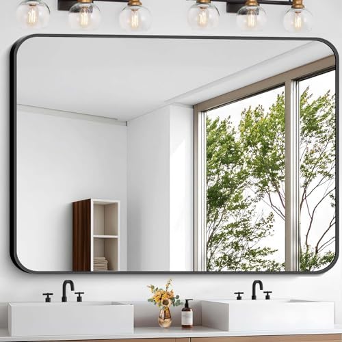 Bathroom Mirror, 48 x 40 inch Black Rectangle Wall Mirror, Metal Frame Rectangular Vanity Mirror, Rounded Corner Wall Mounted Mirror for Modern Bedroom Living Room Hangs Horizontal/Vertical