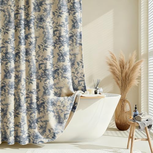 Farmhouse Blue Floral Shower Curtain with 12 Clear Rings 72"W x 72"L