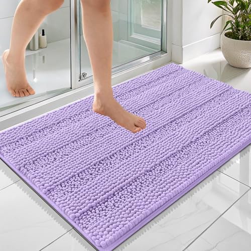 OLANLY Thick Bathroom Rugs 36x24, Soft Chenille Striped Bath Rugs, Lavender
