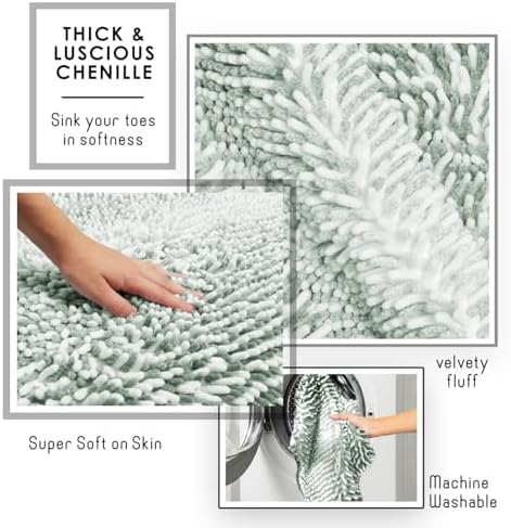 Hearth & Harbor Bathroom Rugs, Chenille Bath Mat - Machine Washable Bath Mats for Bathroom Non-Slip Backing Rubber, Quick Dry Bathroom Mat, 17 x 24 + 20 x 32 - Ombre Green