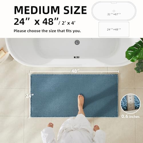 TYUU Waffle Bath Mat, Boho Bathroom Rugs Non Slip, 48x24 Denim Blue