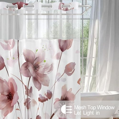 No Hook Shower Curtain and Liner Set, Red Boho Floral 71x74