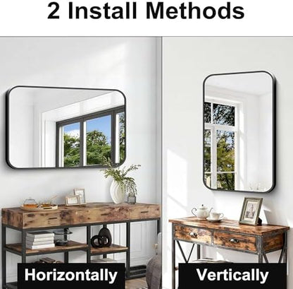 Black Bathroom Mirror, 28x42 inch Aluminum Metal Frame Rectangular Vanity Mirror, Wall Mounted Rectangle Mirrors with Rounded Corner for Bedroom Living Room Hangs Horizontal Or Vertical