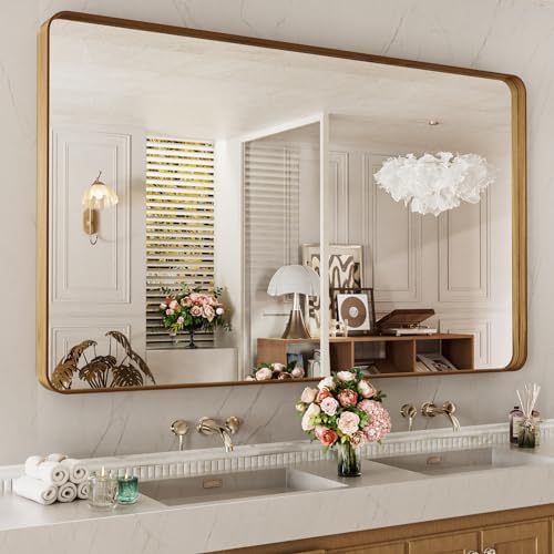 LOAAO 60X30 Inch Bathroom Mirror with Wood Grain Colored Metal Frame