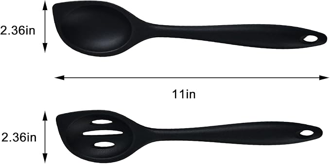 Silicone Kitchen Spoons Set - 2 Pack Heat-Resistant Utensils (Slotted & Solid Spoon) for Cooking, Baking - Non Stick, Dishwasher Safe (Black)