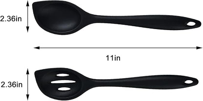 Silicone Kitchen Spoons Set - 2 Pack Heat-Resistant Utensils (Slotted & Solid Spoon) for Cooking, Baking - Non Stick, Dishwasher Safe (Black)