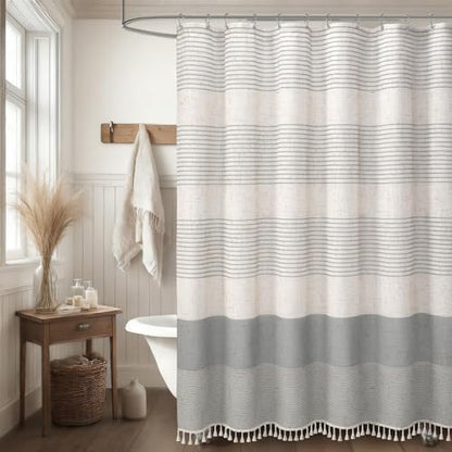 Grey Farmhouse Linen Striped Shower Curtain with Tassel 48"W X 72"L