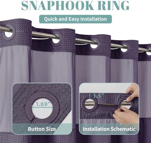 eachope No Hook Waffle Shower Curtain with Snap-in Liner, 71x74 Inch,Purple