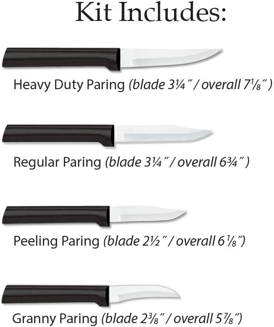 Rada Cutlery 4-Piece Granny, Regular, Peeling, and Heavy Duty Paring Knife Set, Stainless Steel Blades, Black Handle