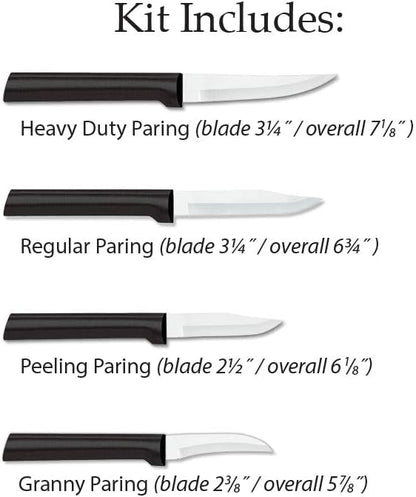 Rada Cutlery 4-Piece Granny, Regular, Peeling, and Heavy Duty Paring Knife Set, Stainless Steel Blades, Black Handle