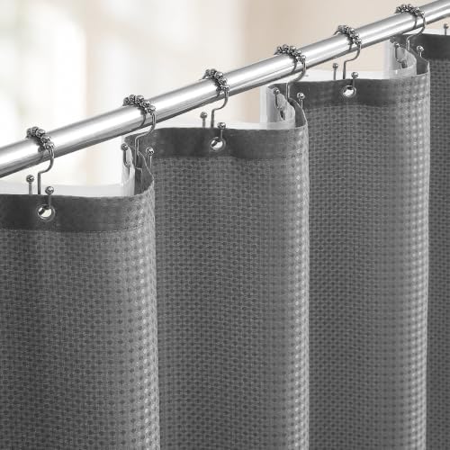 Grey Shower Curtain and Liner Set, 3 in 1 Waffle Shower Curtain Set with 12 Double Sided Shower Curtain Hooks, Fabric Shower Curtains for Bathroom 72 x 72