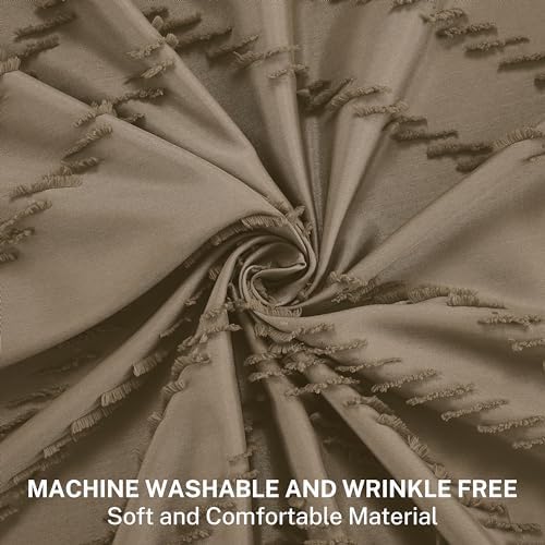 Siiluminisoy Extra Long Boho Shower Curtain, Woven Fabric 84 in Khaki, 72 x 84, Tufted Chevron Striped Modern Chic Textured Minimalist Bathroom Shower Curtain