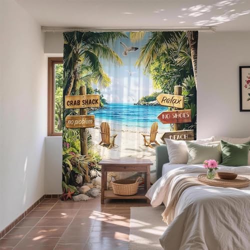 Funny Beach Rustic Shower Curtain, Ocean Coastal Tropical Palm Tree Inspirational Shower Curtains for Bathroom, Waterproof Bath Curtain with Hooks Machine Washable Bathtub Curtains 72x72 Inch Green