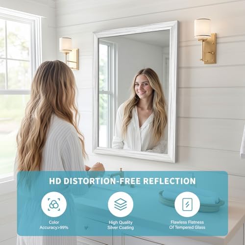 White Wood Effect Framed Wall Mirror, 24x32 Rectangle Mirror