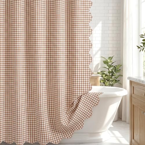 HunnmingRe Scalloped Gingham Shower Curtain Taupe