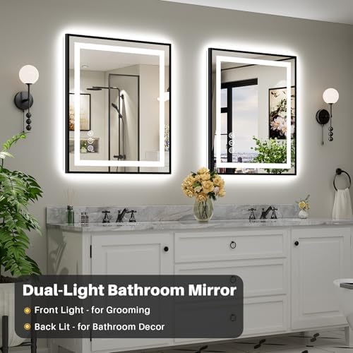 36x30 Inch LED Bathroom Mirror with Black Frame, Backlit & Front Lit
