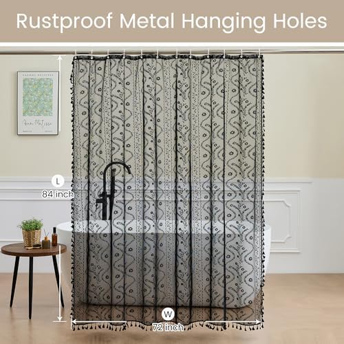 WAZZIO Black Lace Shower Curtain - Vintage Pretty Floral Sheer Shower Curtains Goth, Decorative Tassel Bath Curtains for Bathroom, 72 x 84 Inch, 1 Panel