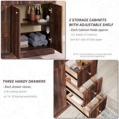 T4TREAM 60" Fluted Bathroom Vanity with Double Sink, Dark Walnut