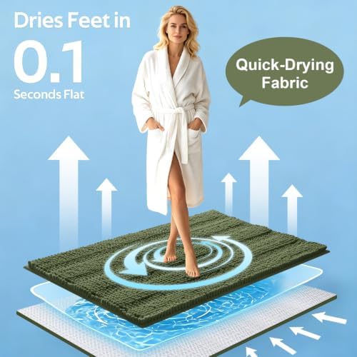 ACCUMTEK Christmas Striped Olive Green Toilet Bathroom Rug Mat Set 2 piece Rug Ultra Soft, Non Slip Chenille Bath Rugs, Absorbent Plush Shaggy Bath Mats for Bathroom, Bedroom, Kitchen, Shower, Tub