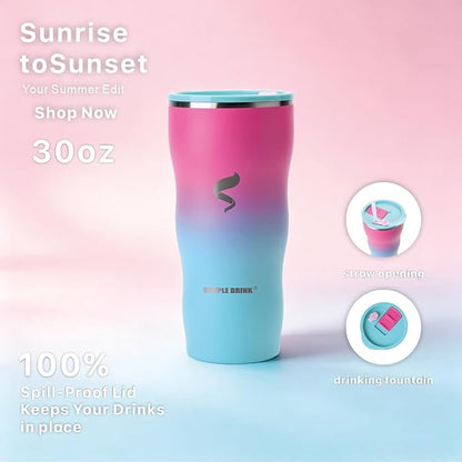30oz Insulated Tumbler with Straw and Lid, Double Wall Vacuum Stainless Steel Travel Mug, Spill Proof Cup, Fits Most Cup Holders for Office, Commute and Travel, Cotton Candy Ombre
