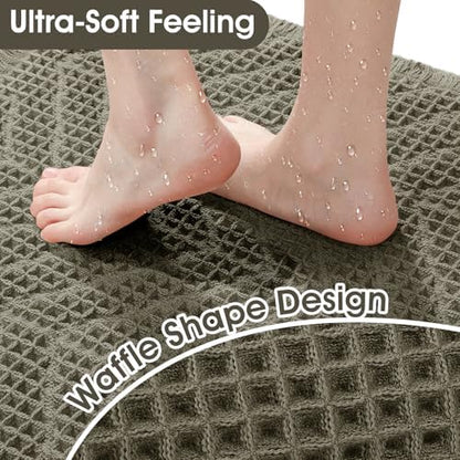 Upgraded Waffle Bath Mat, 32"x20" Greyish Green-Herringbone, Super Absorbent Non-Slip Quick Dry Bathroom Rugs with Tassels, Machine Washable Ultra Soft Boho Bath Rugs, Toilet Mats Boho Farmhouse Decor