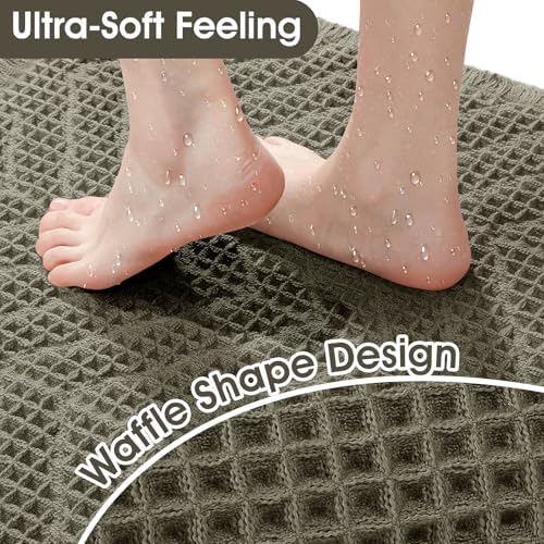 Upgraded Waffle Bath Mat Set 3 Piece Greyish Green-Herringbone, Super Absorbent Non-Slip Quick Dry Bathroom Rugs with Tassels, Machine Washable Ultra Soft Boho Bath Rugs,Bath Mats Boho Farmhouse Decor