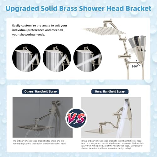 Hibbent All Metal CUPC Certified 10'' Rainfall Shower Head, Dual Shower Head Combo, High Pressure Handheld 4 Sprays Shower Wand, 16'' Adjustable Extension Arm, 71'' Hose, Shower Holder, Brushed Nickel