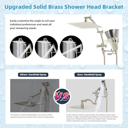 Hibbent All Metal CUPC Certified 10'' Rainfall Shower Head, Dual Shower Head Combo, High Pressure Handheld 4 Sprays Shower Wand, 16'' Adjustable Extension Arm, 71'' Hose, Shower Holder, Brushed Nickel