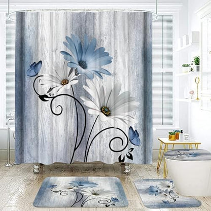 Onalasyc 4PCS Blue Daisy Floral Bathroom Sets with Shower Curtain and Rugs