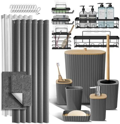 Clara Clark Bathroom Accessories Set - 27PC Bathroom Set with Adhesive Corner Shower Caddy Hanging, Bathroom Sets with Shower Curtain and Rugs, Grey Shower Curtain Set with Bathroom Trash Can