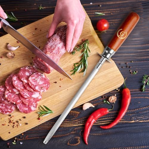 Knife Sharpener Rod, Kitchen Knives Sharpener Carbon Steel Professional Knife Sharpening Steel, Honing Rod with Hanging Holes (13 inches), G