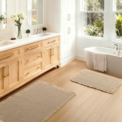 JIUZHEN Set of 2 Waffle Bath Mats Boho Bath Rugs 16"x24"+20"x32", Brown