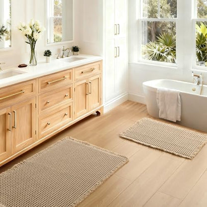 JIUZHEN Set of 2 Waffle Bath Mats Boho Bath Rugs 16"x24"+20"x32", Brown