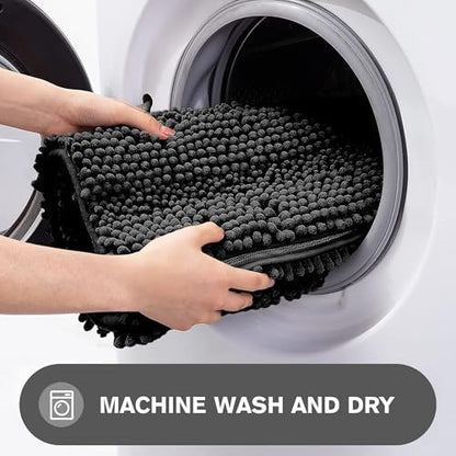 Black Bathroom Rugs Sets 2 Piece – Absorbent and Washable Bath Mat, Non-Slip, Thick Soft Chenille Bath Rugs for Bathroom Floor, Shower, Sink - 20" x 32"+24" x 36"