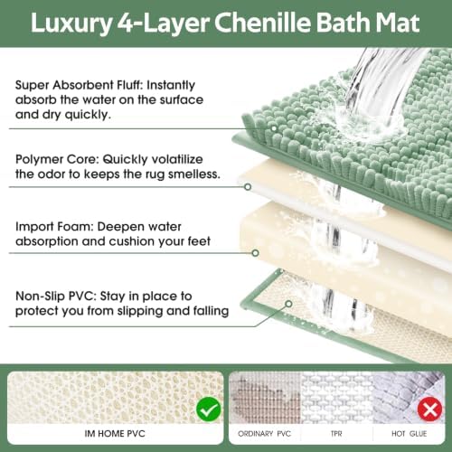 ACCUMTEK Tauso Striped Sage Green Bathroom Rug Set 3 Pieces Ultra Soft, Non Slip Chenille Toilet Mat, Absorbent Plush Shaggy Bath Mats for Bathroom, Bedroom, Kitchen