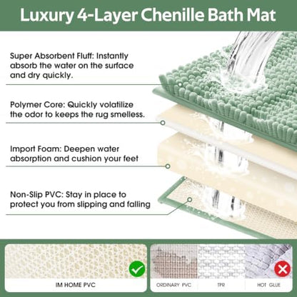 ACCUMTEK Tauso Striped Sage Green Bathroom Rug Set 3 Pieces Ultra Soft, Non Slip Chenille Toilet Mat, Absorbent Plush Shaggy Bath Mats for Bathroom, Bedroom, Kitchen