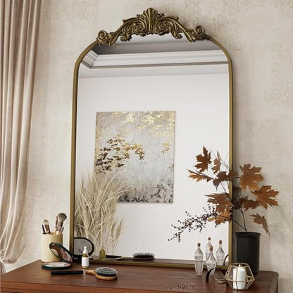 Dewfig Vintage Arched Wall Mirror, 30"x22" Bronze Antique Bathroom Mirror