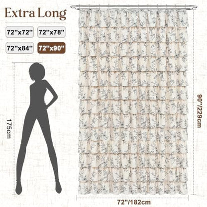 Yinhua Extra Long Farmhouse Ruffle Shower Curtains for Bathroom, 72" Wx90 L