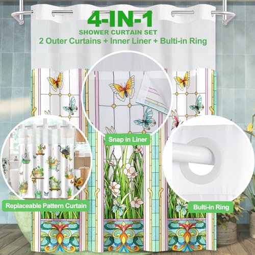 No Hook Shower Curtain Snap in Liner with 2 Replaceable Curtain Panels Pattern Waterproof Fabric Washable Shower Curtain Set for Bathroom Bathtub, Hotel Style with See Through Mesh Top Window 71 x 74"