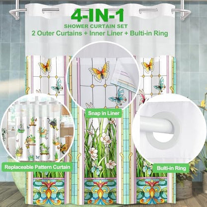 No Hook Shower Curtain Snap in Liner with 2 Replaceable Curtain Panels Pattern Waterproof Fabric Washable Shower Curtain Set for Bathroom Bathtub, Hotel Style with See Through Mesh Top Window 71 x 74"