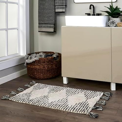 SKL Home Geo Diamond Bath Rug with Tassels, Anti-Slip, 20" x 30", Tan