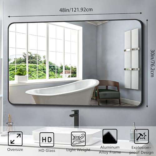 FORBATH Black Bathroom Mirror, Rectangular Vanity Mirror 30 x 48 Inch Wall Rounded Corner Metal Framed Bathroom Mirror for Living Room Bedroom Entryway Decor (Horizontal/Vertical)