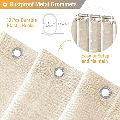 BTTN 60x72 Boho Farmhouse Linen Heavy Duty Shower Curtain Set, Cream/Beige