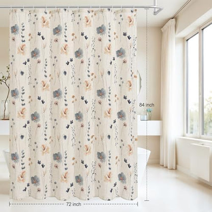 Gibelle Blue Linen Watercolor Floral Fabric Shower Curtain, 72x84