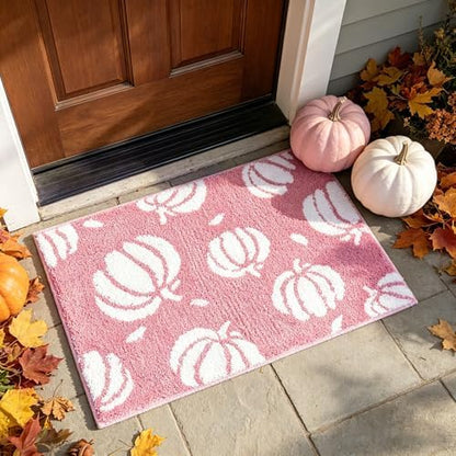 APROPHIC Fall Pumpkin Bath Mats for Bathroom, Thanksgving Super Absorbent Non-Slip Microfiber Shaggy Bath Rugs, Autumn Bathroom Mat for Shower, Tub, Sink, Decor, Machine Washable, 17x24 in, Pink