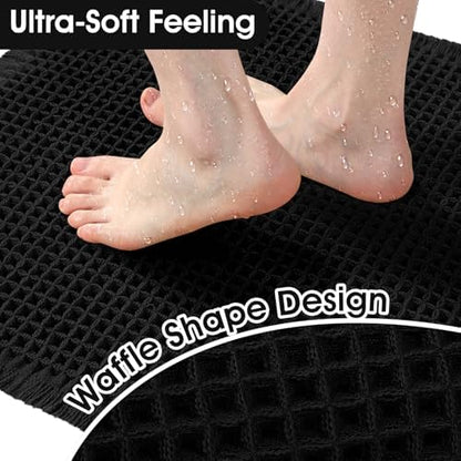 Upgraded Waffle Bath Mat, 36"x24" Black & White, Super Absorbent Non-Slip Quick Dry Bathroom Rugs with Tassels, Machine Washable Ultra Soft Boho Bath Rugs for Floor, Toilet Mats Boho Farmhouse Decor