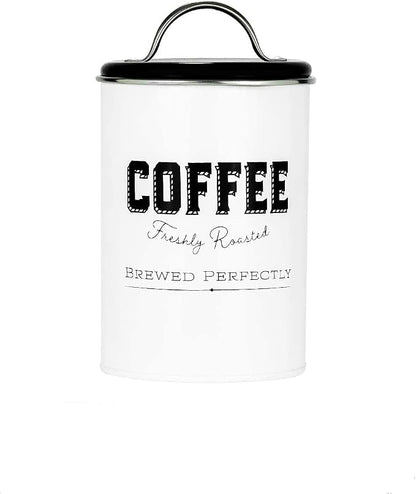 Amici Home Cottage Metal Coffee Canister (Small) - 42 oz Modern Black & White Tin with Handle Lid, Classic Typography Design for Coffee Storage - Rustic Kitchen Storage, Holiday Coffee Bar Decor