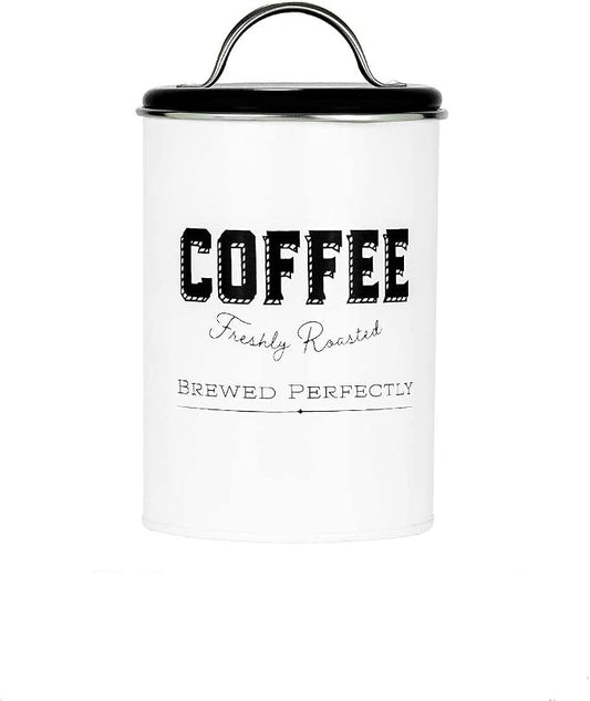 Amici Home Cottage Metal Coffee Canister (Small) - 42 oz Modern Black & White Tin with Handle Lid, Classic Typography Design for Coffee Storage - Rustic Kitchen Storage, Holiday Coffee Bar Decor
